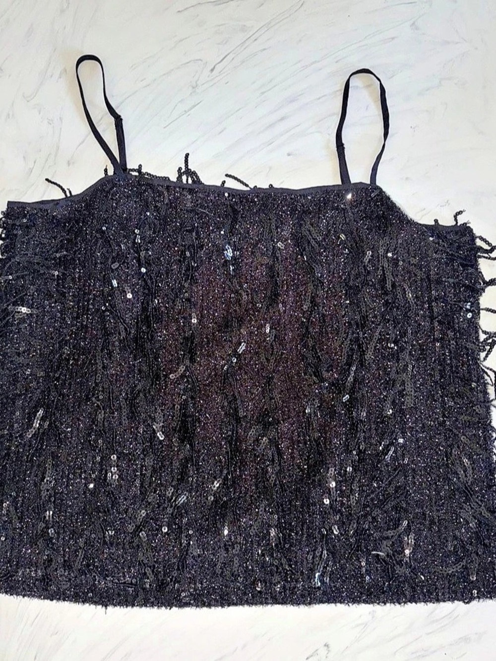 LOFT Sequin Fringe Square Neck Cami Black Large new nwt